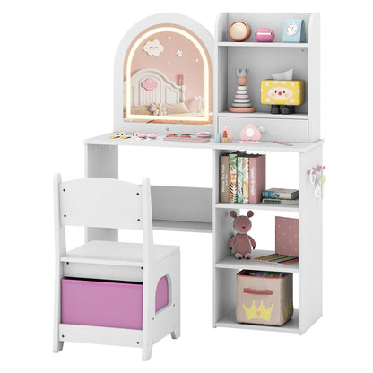 Kids Vanity Table and Chair Set with 3-color Lighted Mirror for 3+ Years Old-White