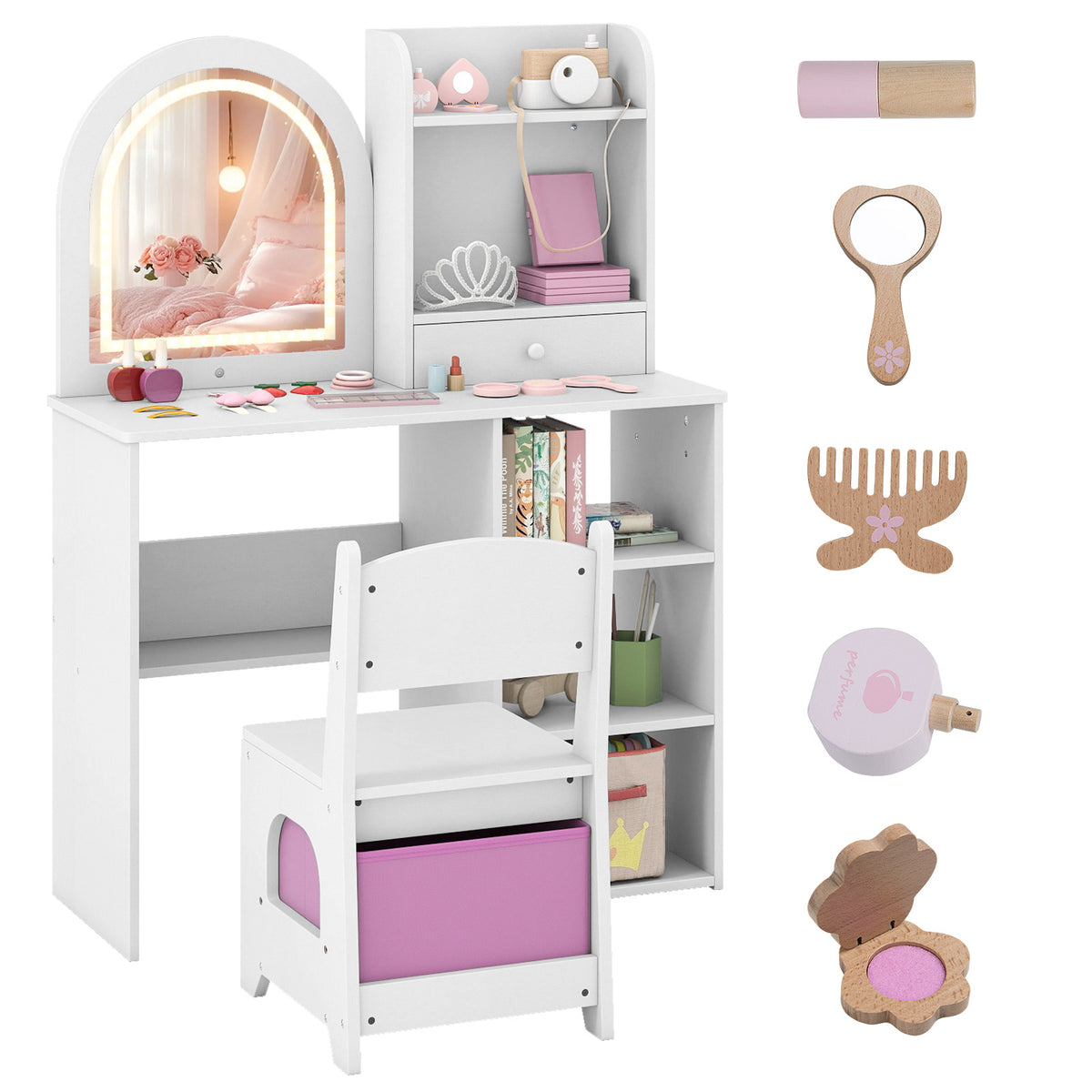 Kids Vanity Table and Chair Set with 3-color Lighted Mirror for 3+ Years Old-White