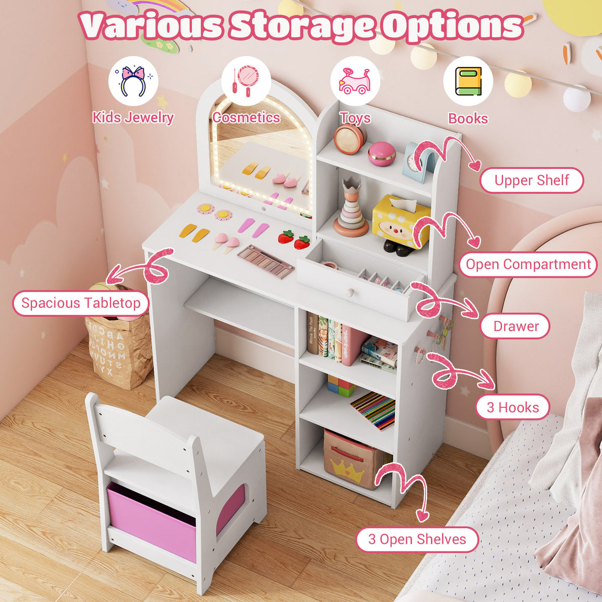 Kids Vanity Table and Chair Set with 3-color Lighted Mirror for 3+ Years Old-White