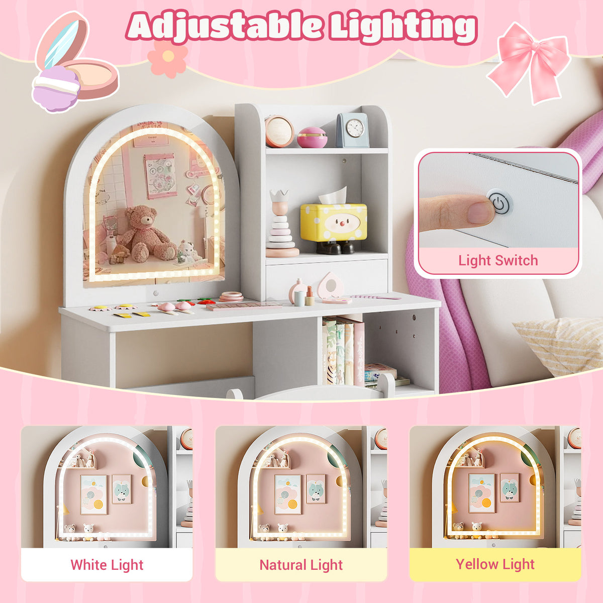 Kids Vanity Table and Chair Set with 3-color Lighted Mirror for 3+ Years Old-White