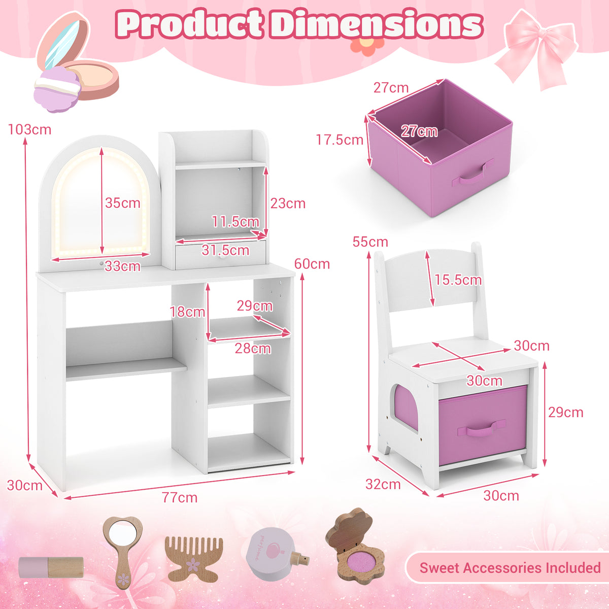 Kids Vanity Table and Chair Set with 3-color Lighted Mirror for 3+ Years Old-White