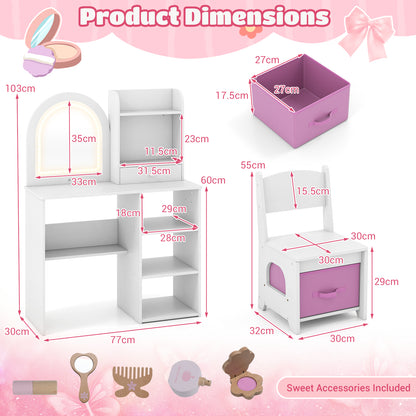 Kids Vanity Table and Chair Set with 3-color Lighted Mirror for 3+ Years Old-White