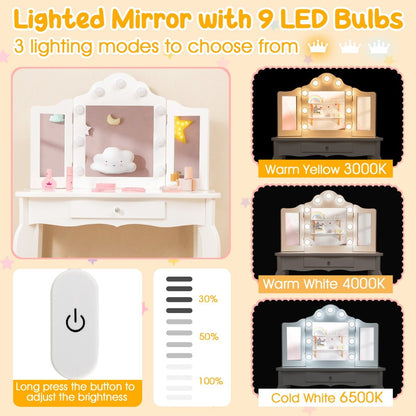 Kids Vanity Table and Stool Set with Real Glass Tri-Folding Mirror and Drawer-White