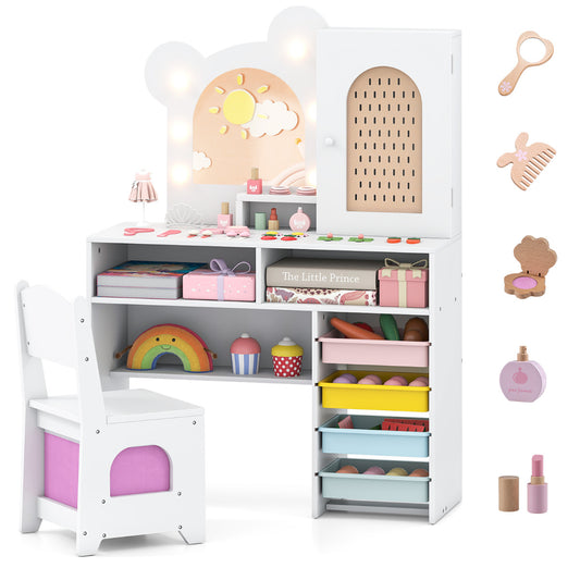 Kids Vanity with Lights Princess Vanity Table and Chair Set with 5 Drawers and 2 Compartments-White