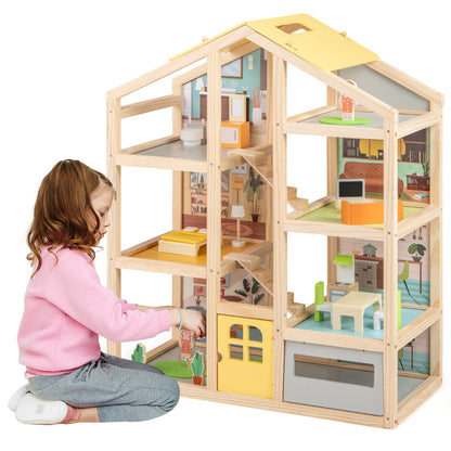 Kids Wooden Dollhouse with 7 Rooms and 18 Pcs Furniture Accessories-Yellow