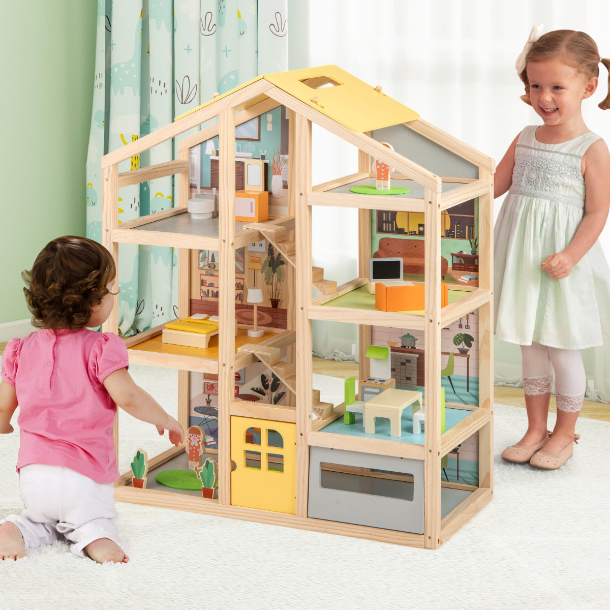 Kids Wooden Dollhouse with 7 Rooms and 18 Pcs Furniture Accessories-Yellow