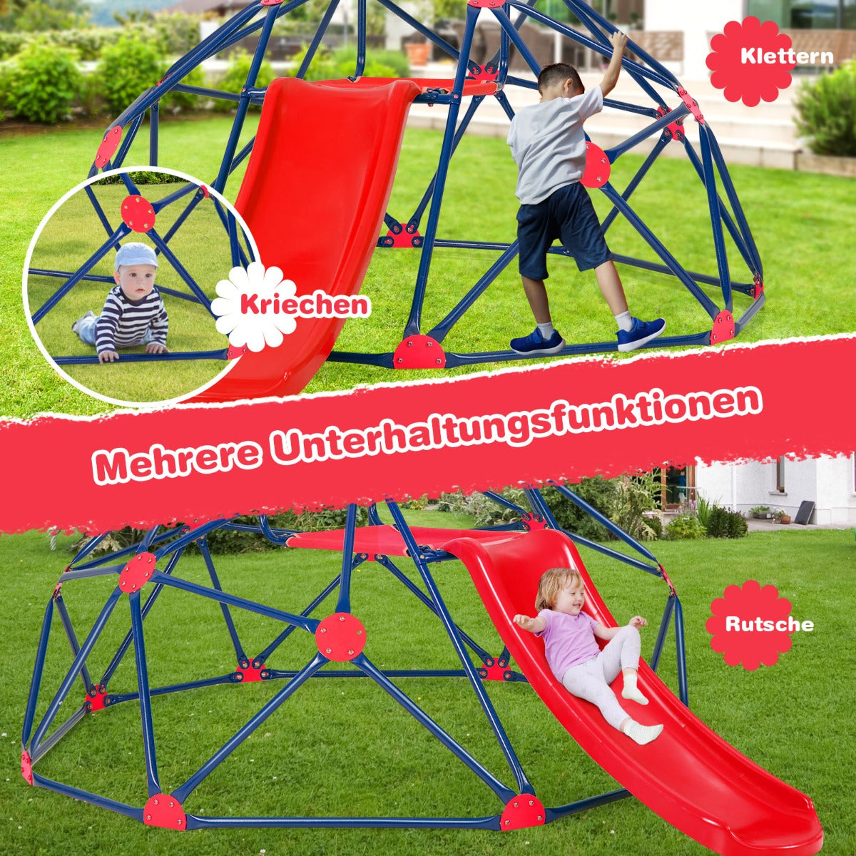 Geometric Dome Climber and Play Set with Slide for Outdoor-Red