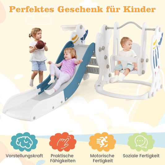 Toddler Slide and Swing Set with Basketball Pump and Stickers for Children 18+ Months Old-Blue