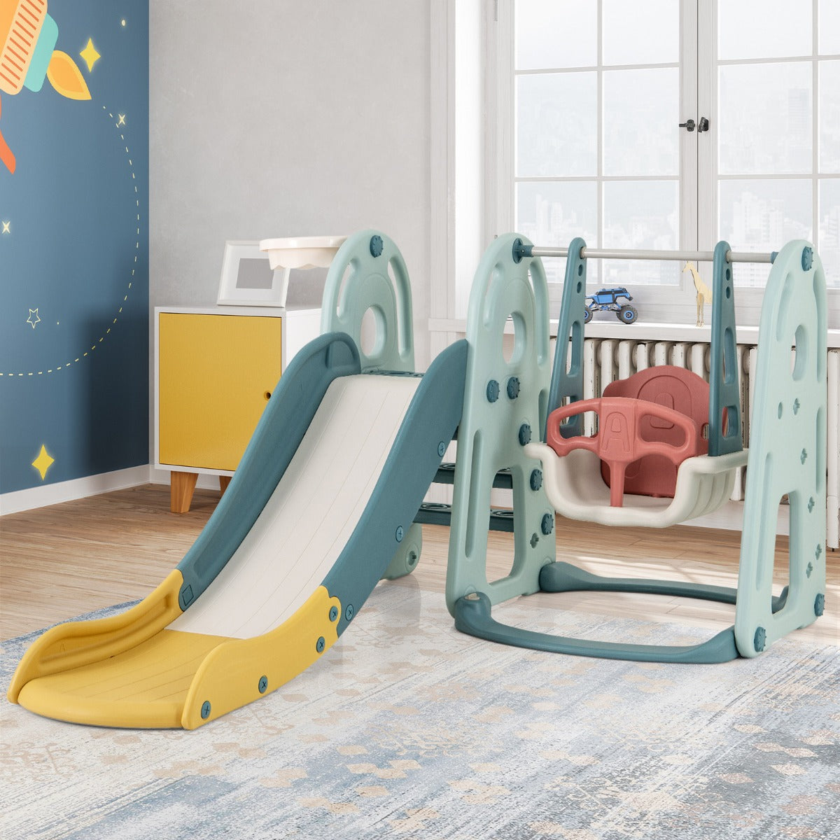 4-in-1 Kids Slide and Swing Set Freestanding Baby Slide Playset-Green