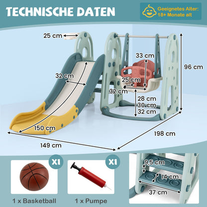 4-in-1 Kids Slide and Swing Set Freestanding Baby Slide Playset-Green