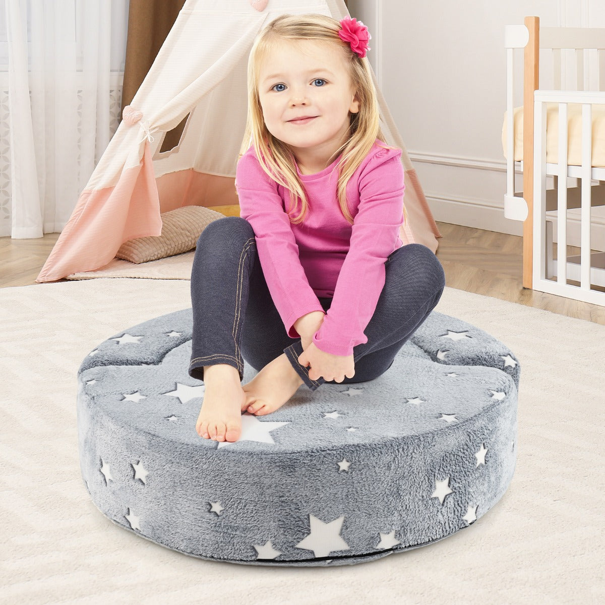 2-in-1 Convertible Glow in the Dark Kids Sofa with Removable Washable Cover-Gray