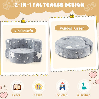 2-in-1 Convertible Glow in the Dark Kids Sofa with Removable Washable Cover-Gray