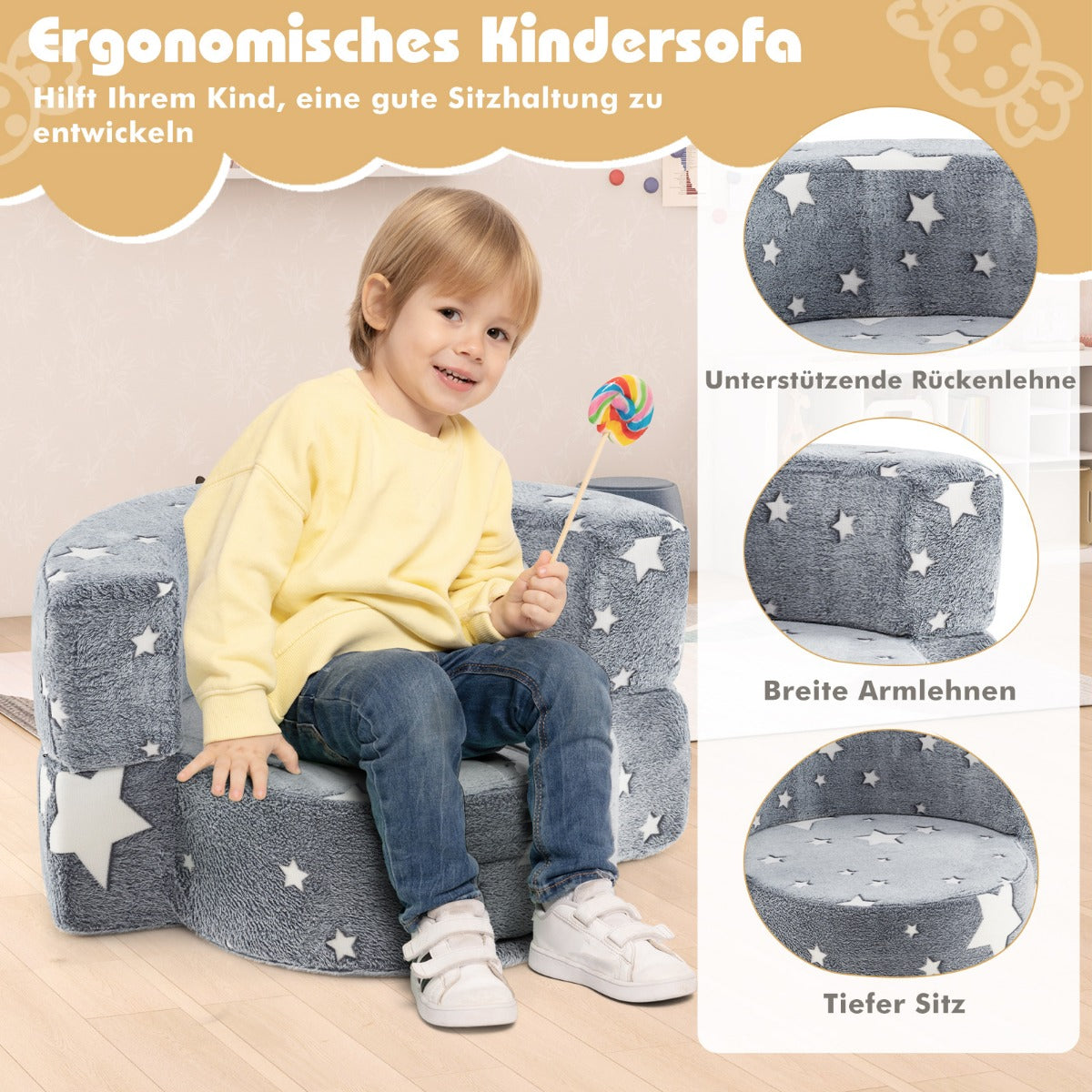 2-in-1 Convertible Glow in the Dark Kids Sofa with Removable Washable Cover-Gray