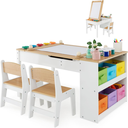 2-in-1 Kids Art Table and Art Easel Set with Chairs-Natural