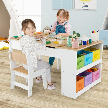 2-in-1 Kids Art Table and Art Easel Set with Chairs-Natural