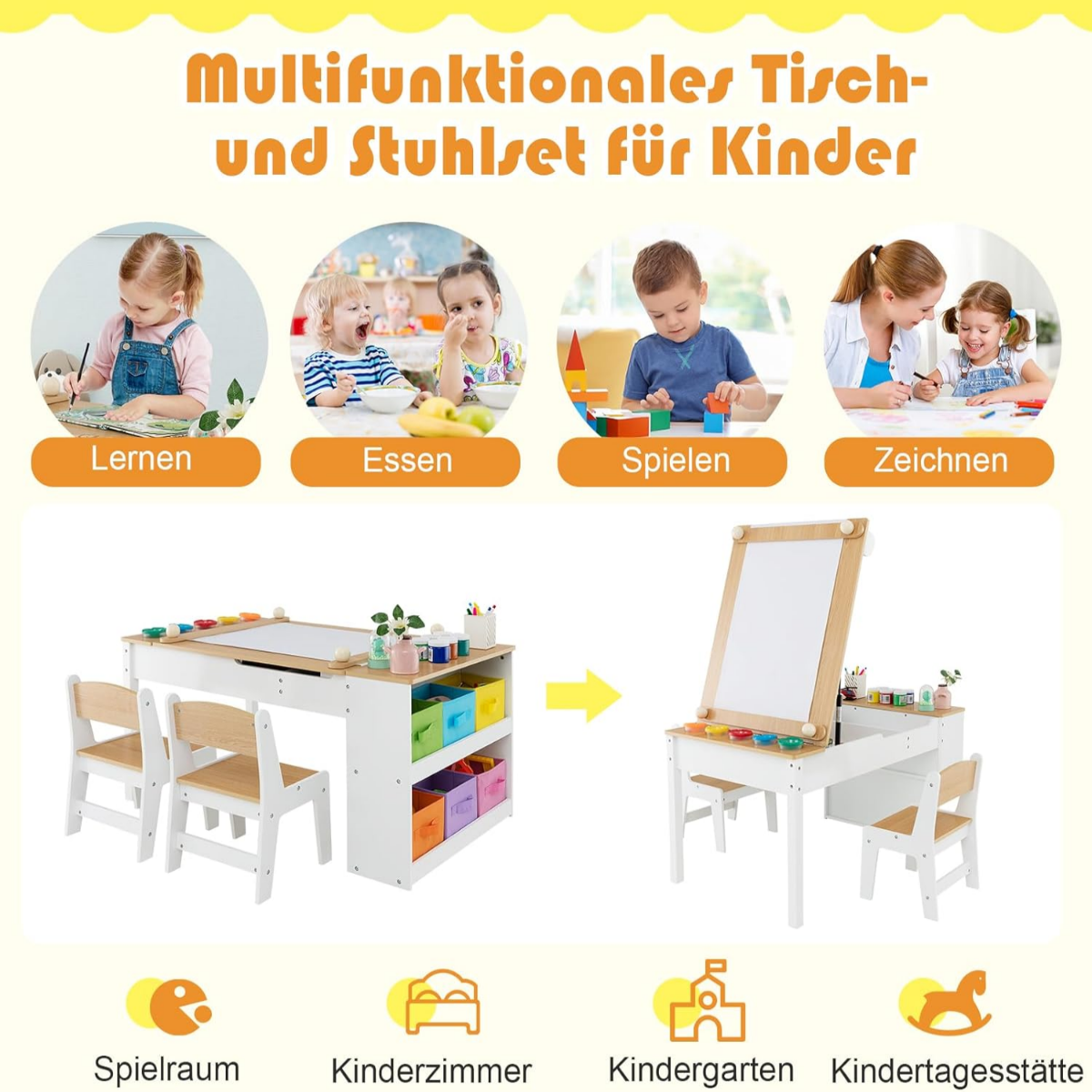 2-in-1 Kids Art Table and Art Easel Set with Chairs-Natural