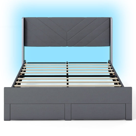 King Size Bed Frame with LED Lights Dutch Velvet Upholstered Platform Bed-Grey