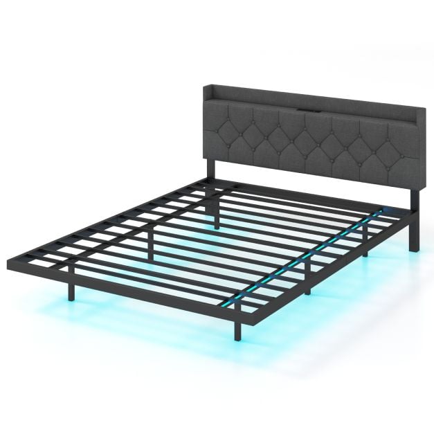 Double/King Size Floating Bed Frame with Adjustable Headboard and Charging Station-Grey-King Size