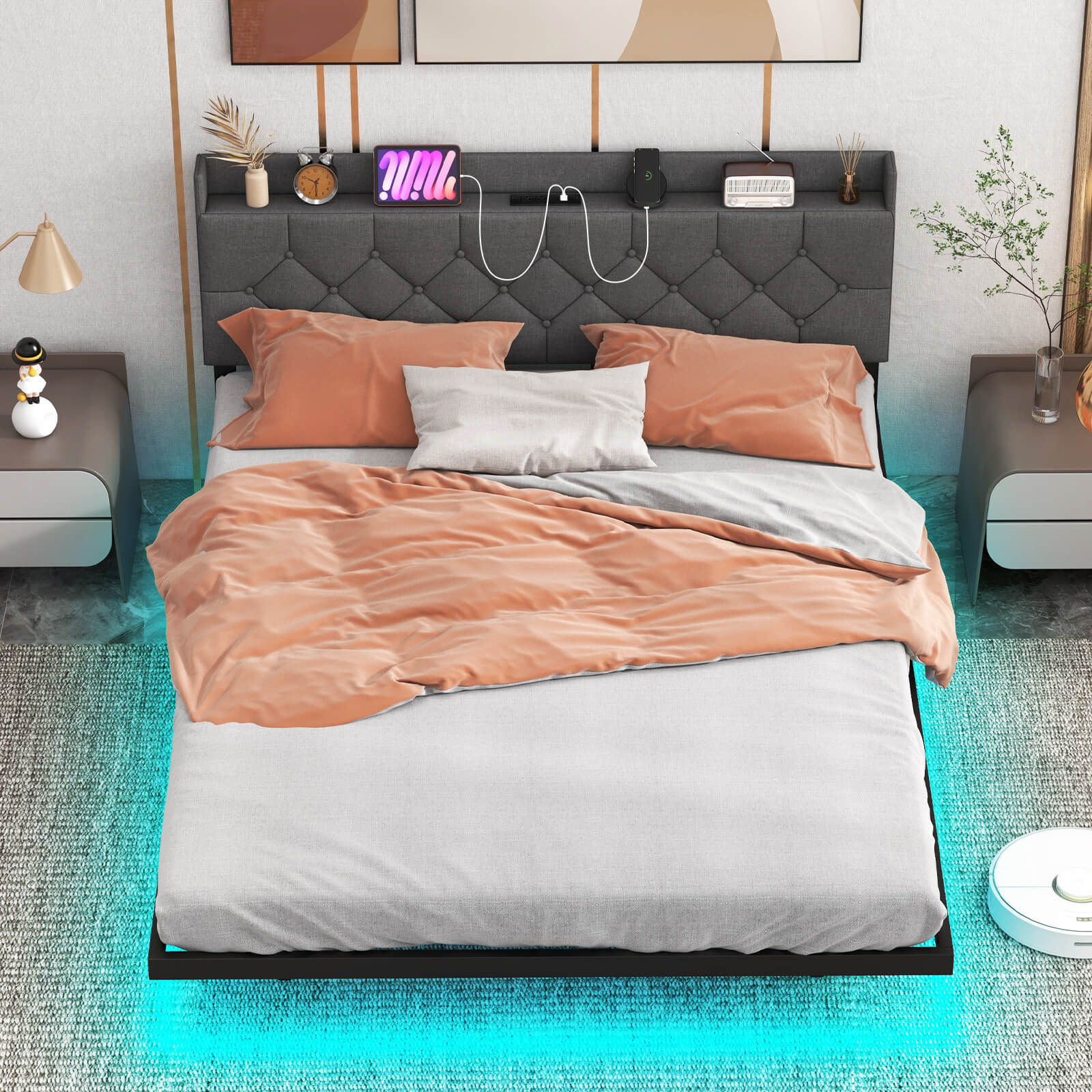 Double/King Size Floating Bed Frame with Adjustable Headboard and Charging Station-Grey-King Size