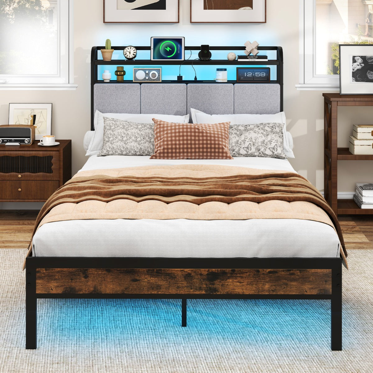 King Size Bed Frame with LED Light and Charging Station-Double Size