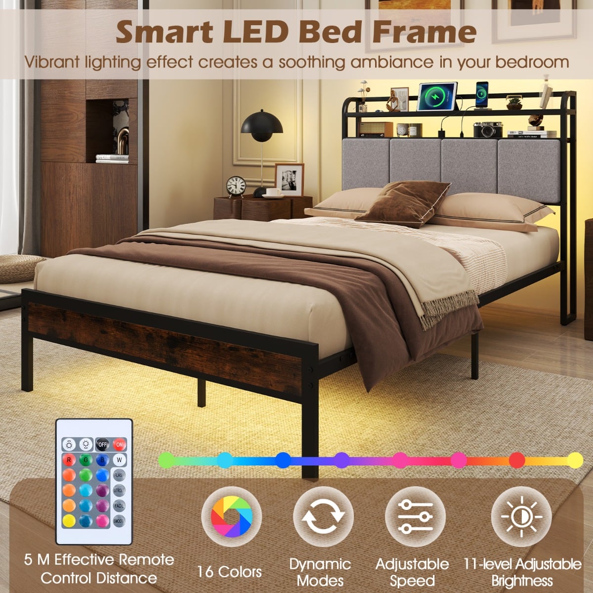 King Size Bed Frame with LED Light and Charging Station-Double Size