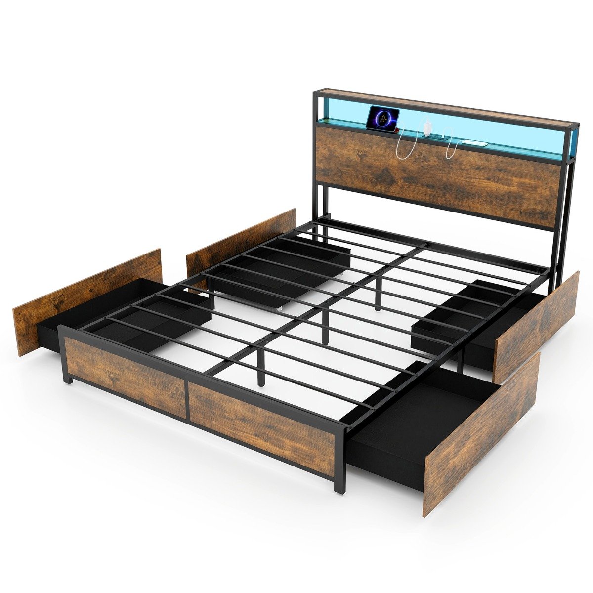 5 Feet King Size Metal Bed Frame with RGB LED Lights and Charging Station