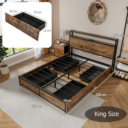 5 Feet King Size Metal Bed Frame with RGB LED Lights and Charging Station