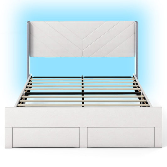 King Size Bed Frame with LED Lights Dutch Velvet Upholstered Platform Bed-Beige