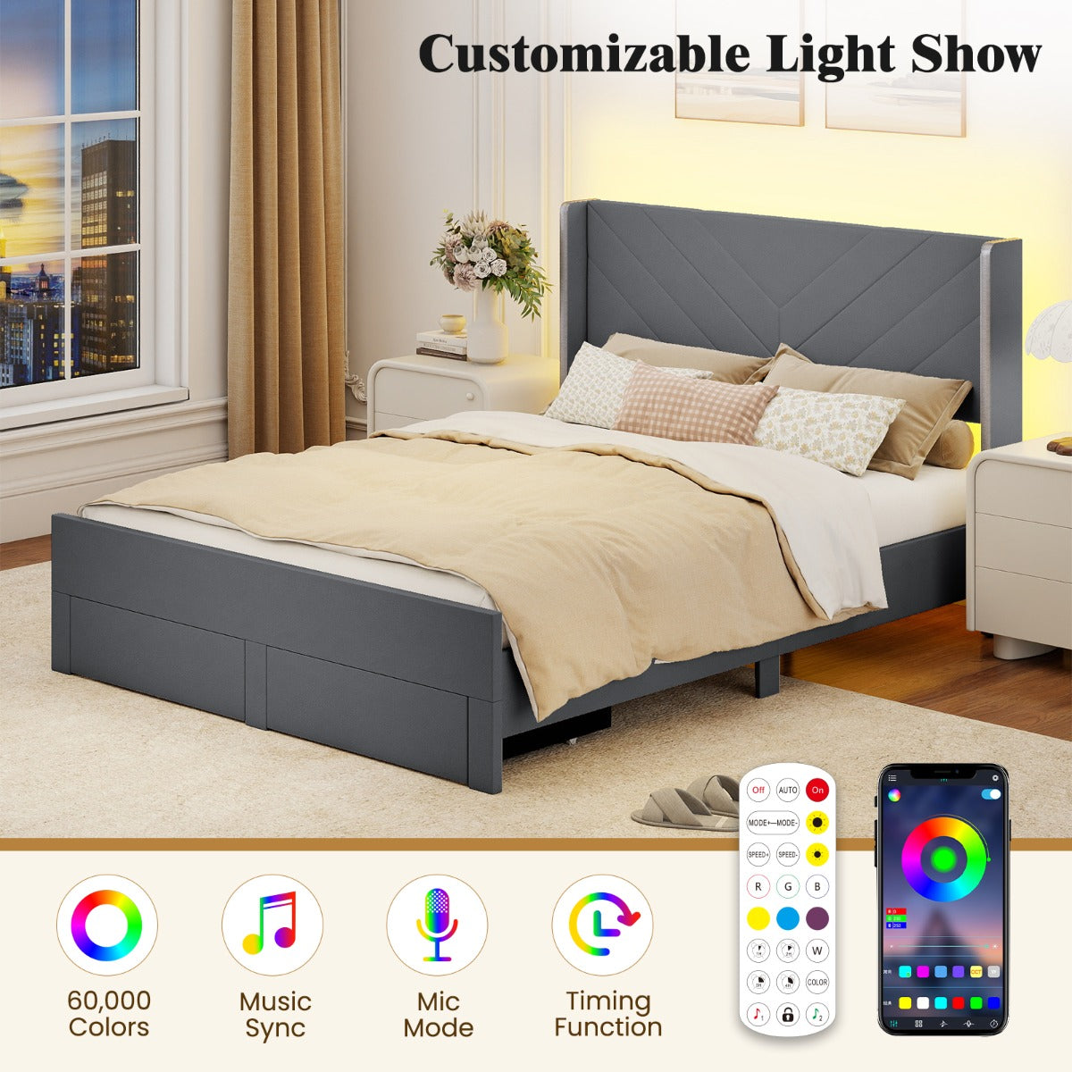 King Size Bed Frame with LED Lights Dutch Velvet Upholstered Platform Bed-Grey