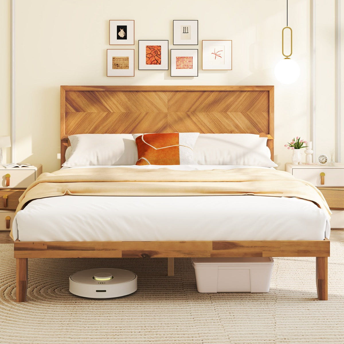 Single/King Size Mid-Century Acacia Wood Bed Frame with Headboard-King Size