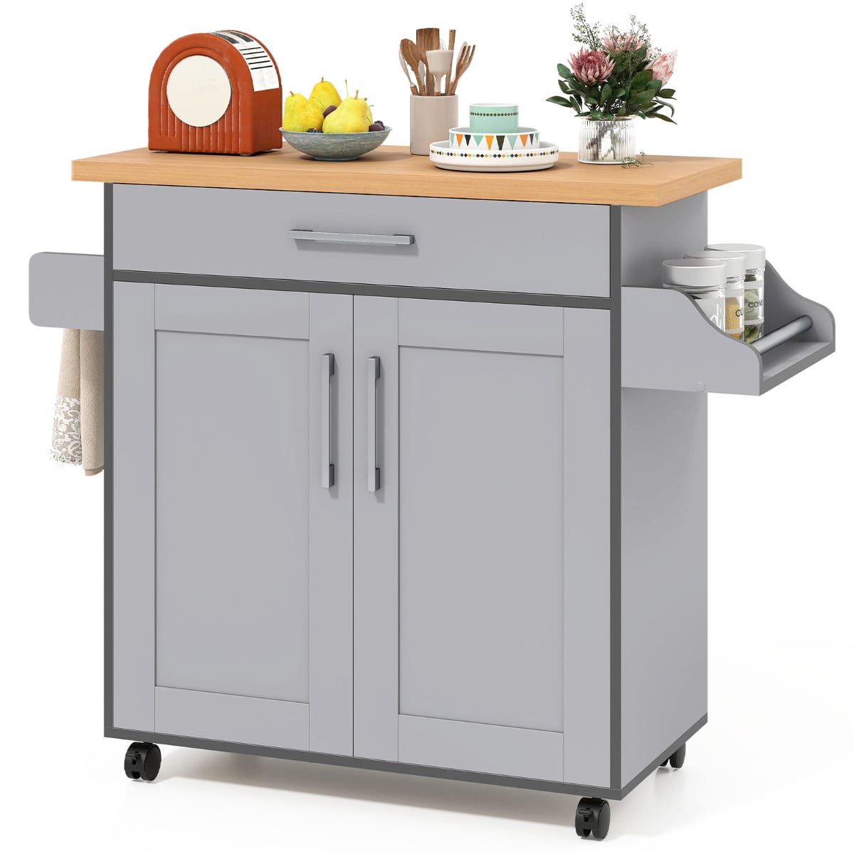 Kitchen Island Cart with Storage and Adjustable Shelf in Grey