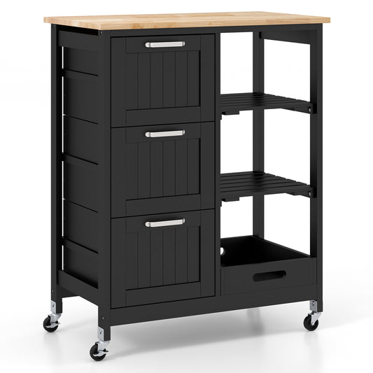 Kitchen Island Rolling Cart Utility Cart on Lockable Wheels with 3 Drawers-Black