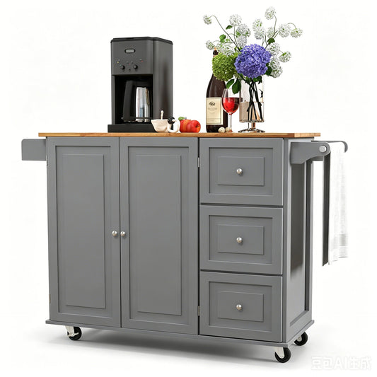 Kitchen Island Trolley with 3 Drawers and 2-door Cabinet in Grey