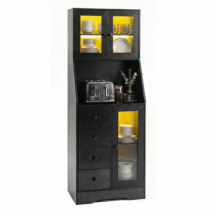 Kitchen Pantry Cabinet with Adjustable LED Lights and Doors in Black