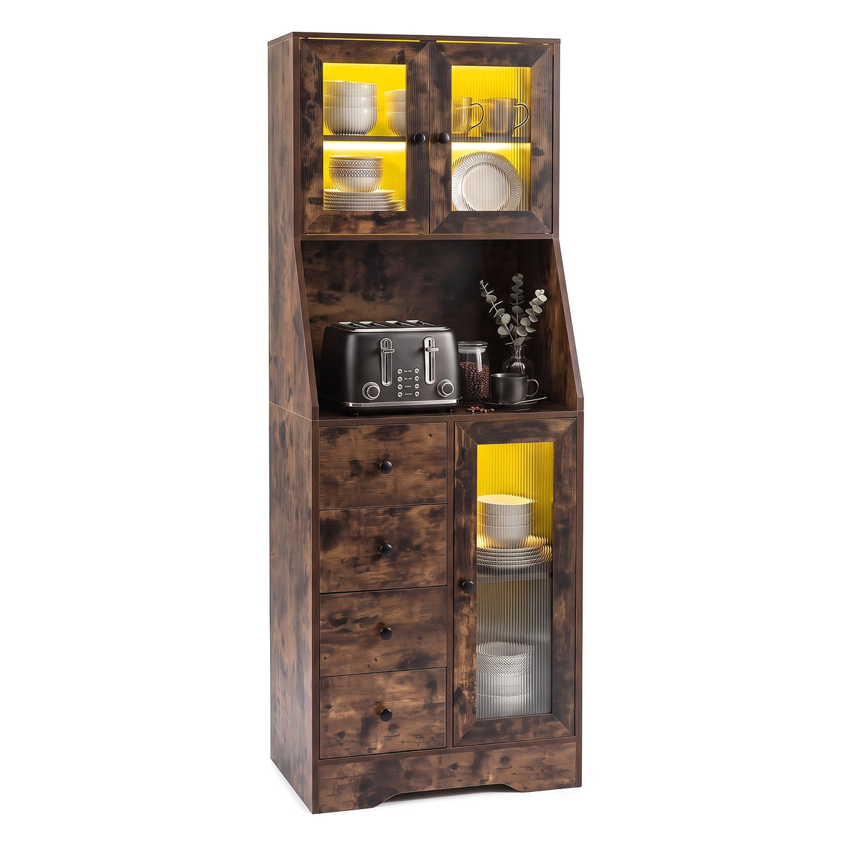 Kitchen Pantry Cabinet with Adjustable LED Lights and Doors in Rustic Brown