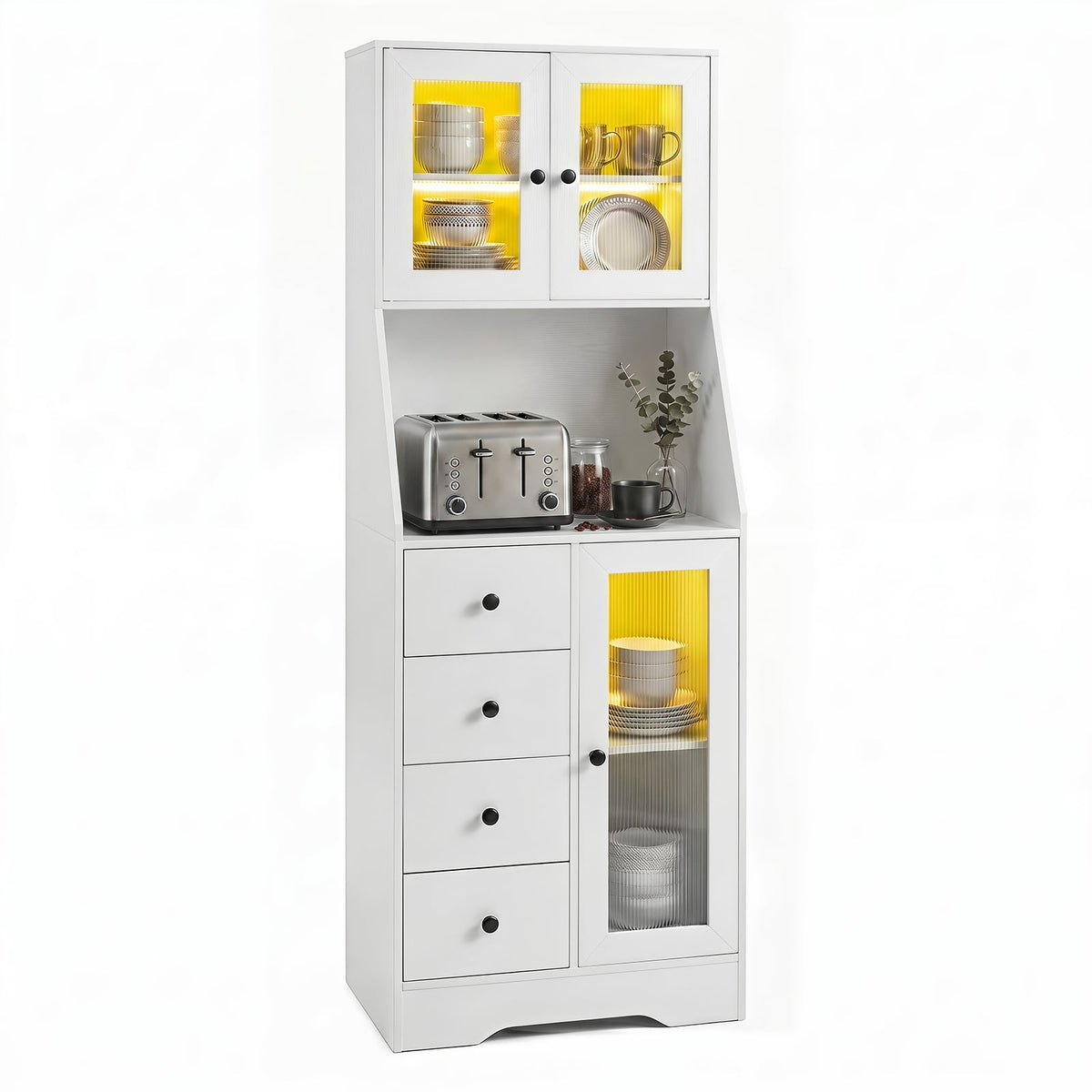 Kitchen Pantry Cabinet with Adjustable LED Lights and Doors in White