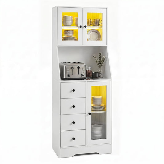 Kitchen Pantry Cabinet with Adjustable LED Lights and Doors in White