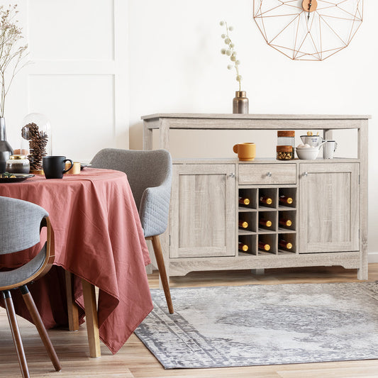 Rustic Cupboard Storage Organizer with 2 Cabinets and 1 Drawer &amp;amp; 9-Bottle Wine Rack-Grey