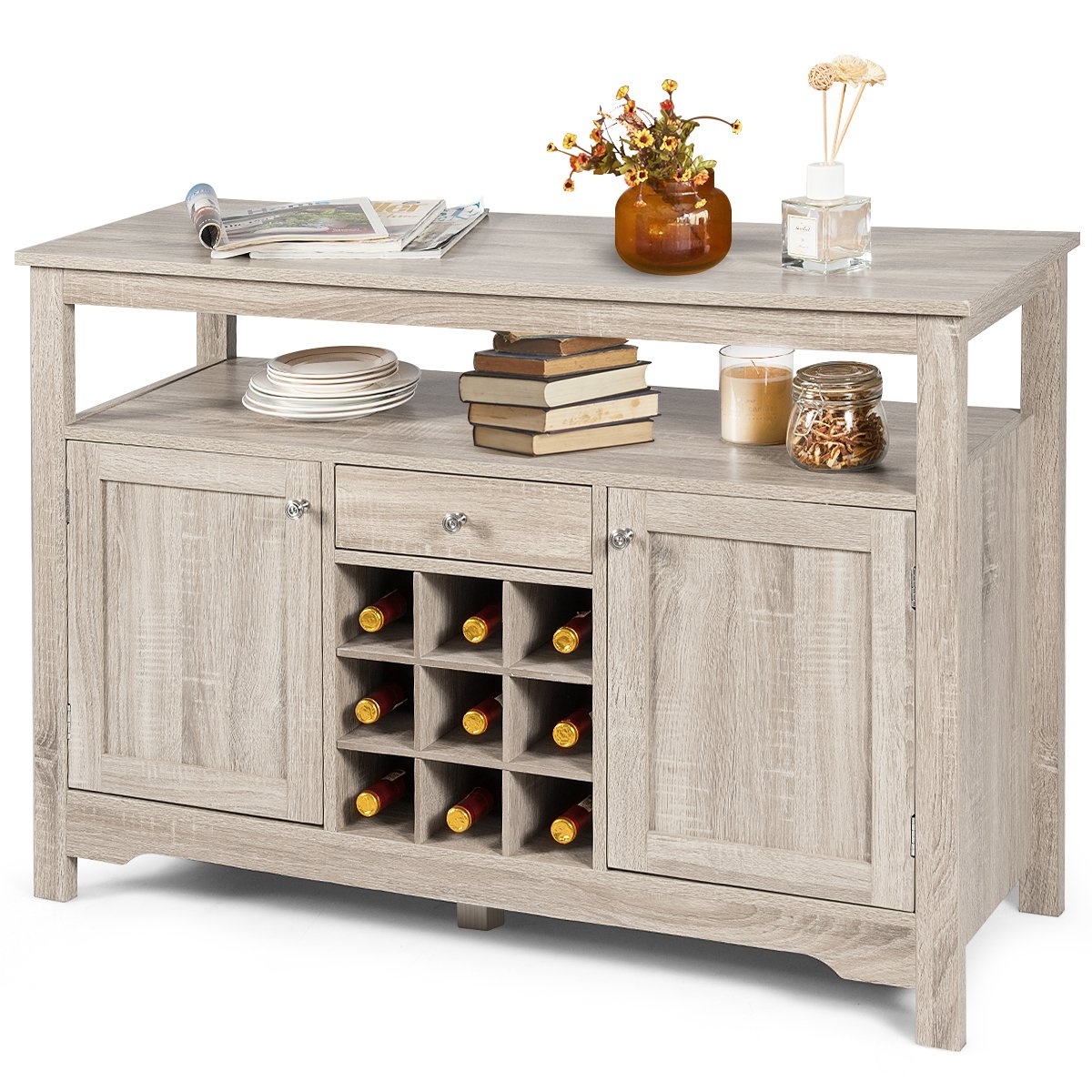 Rustic Cupboard Storage Organizer with 2 Cabinets and 1 Drawer &amp;amp; 9-Bottle Wine Rack-Grey