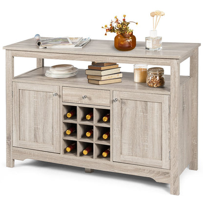 Rustic Cupboard Storage Organizer with 2 Cabinets and 1 Drawer &amp;amp; 9-Bottle Wine Rack-Grey