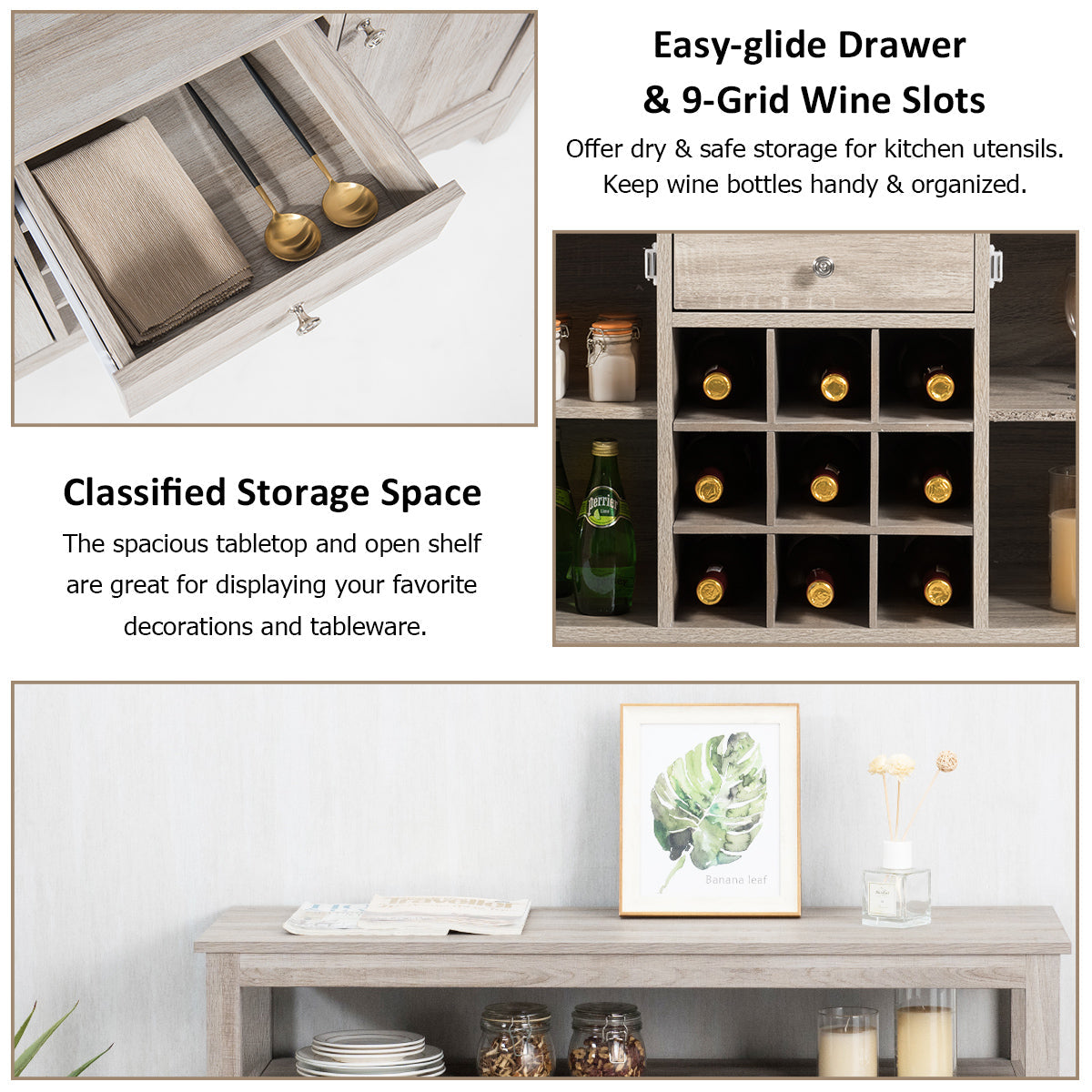 Rustic Cupboard Storage Organizer with 2 Cabinets and 1 Drawer &amp;amp; 9-Bottle Wine Rack-Grey