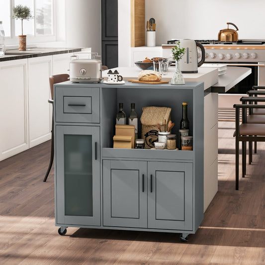 Rolling Kitchen Island with Drawer and Glass Door Cabinet-Grey