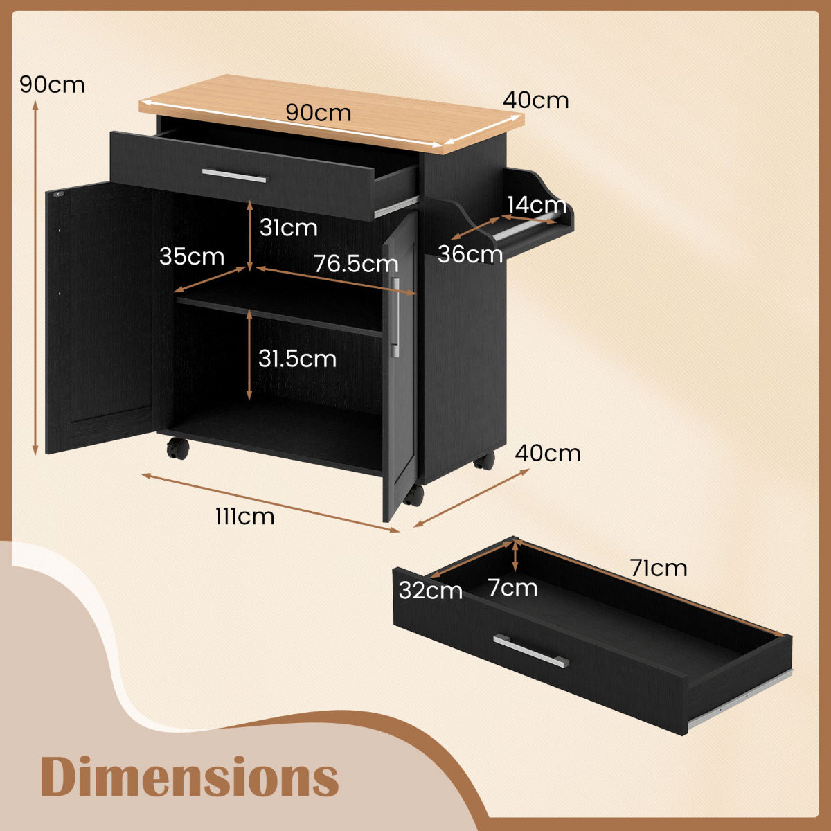 Kitchen Island Cart with Storage and Adjustable Shelf-Black