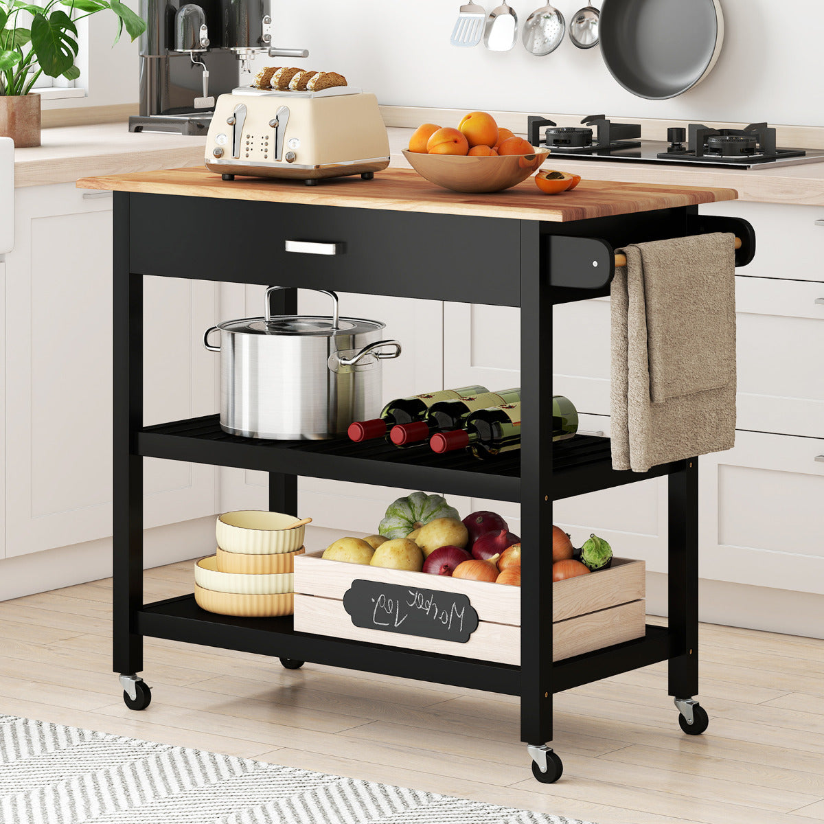 Kitchen Island with Open Shelves and Lockable Casters-Black