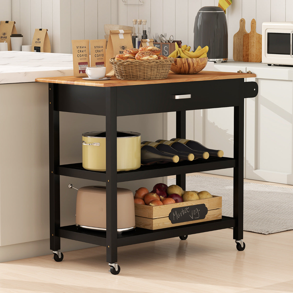 Kitchen Island with Open Shelves and Lockable Casters-Black