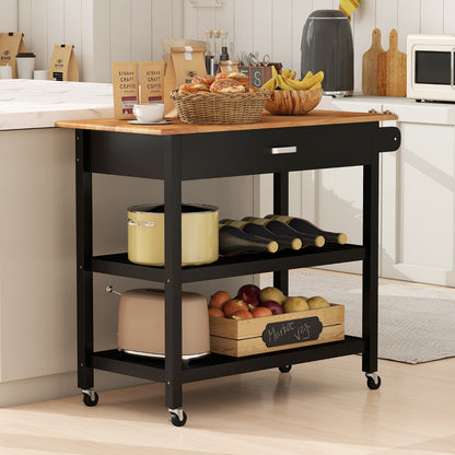 Kitchen Island with Open Shelves and Lockable Casters-Black