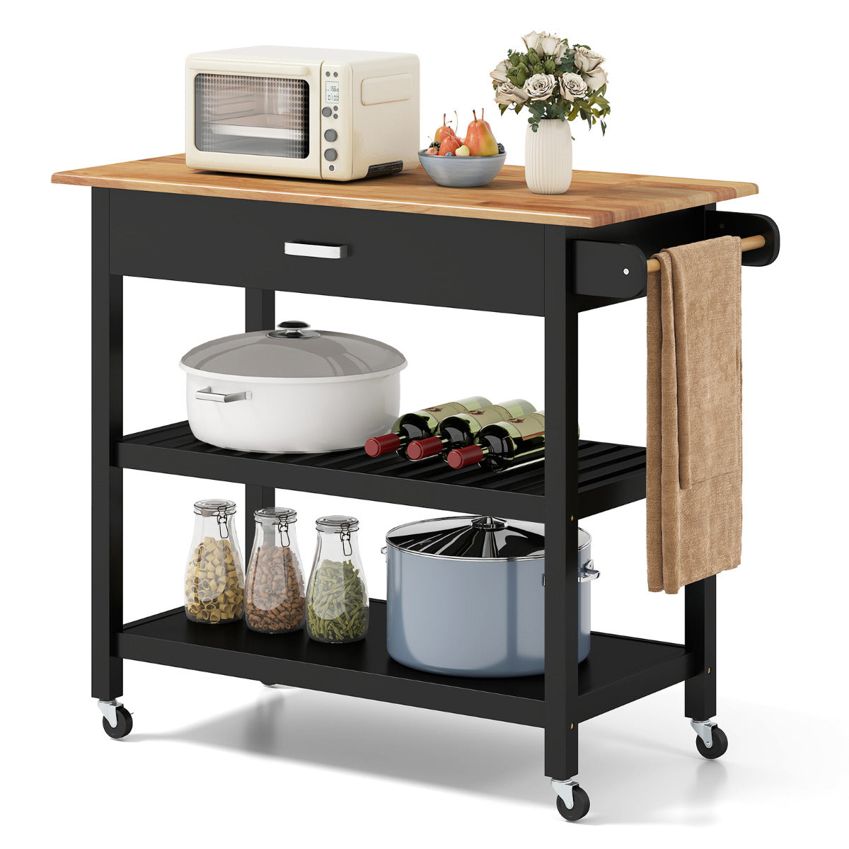Kitchen Island with Open Shelves and Lockable Casters-Black