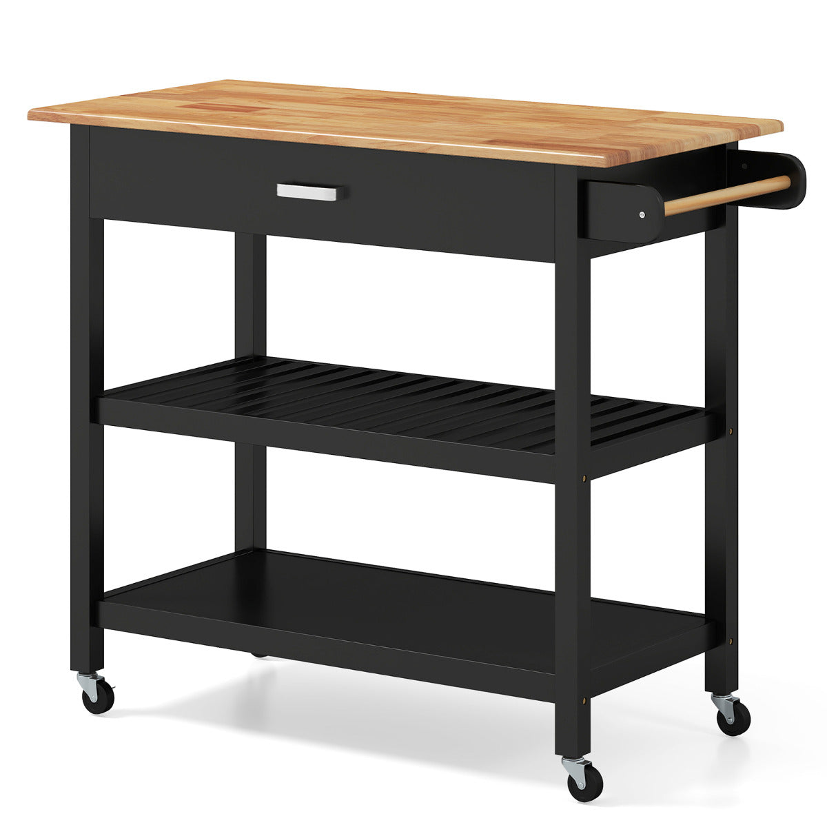 Kitchen Island with Open Shelves and Lockable Casters-Black
