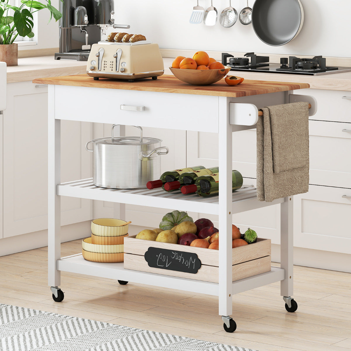 Kitchen Island with Open Shelves and Lockable Casters-White