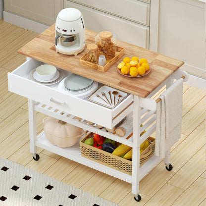 Kitchen Island with Open Shelves and Lockable Casters-White